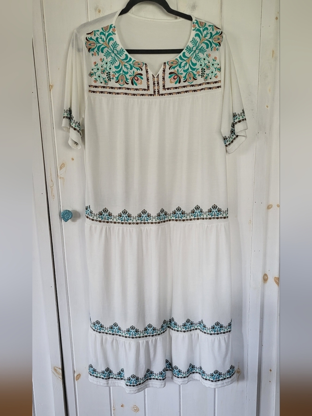 Embroidered V Neck Tiered Swing Midi Dress 2X